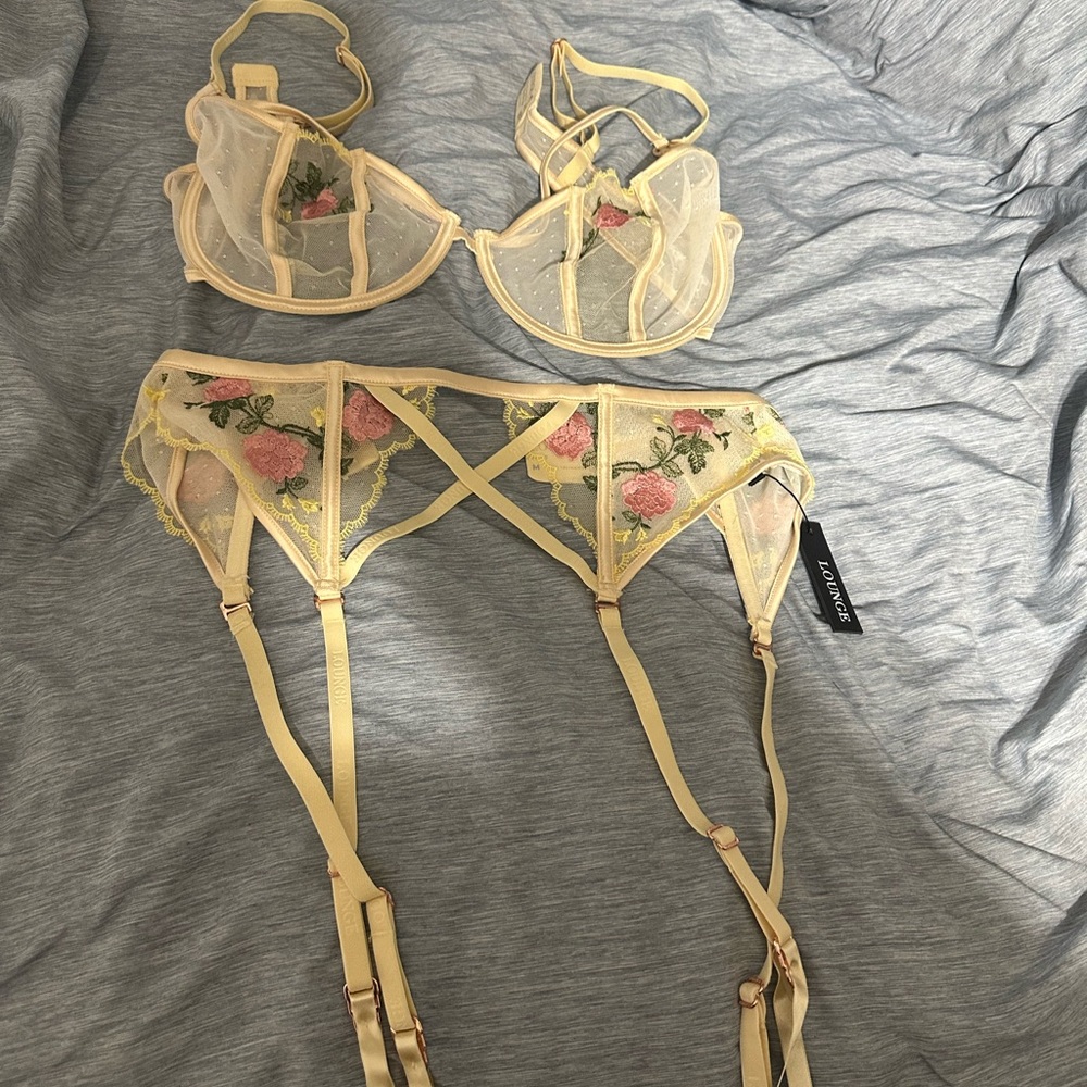 Yellow Floral Embroidered Lingerie Set